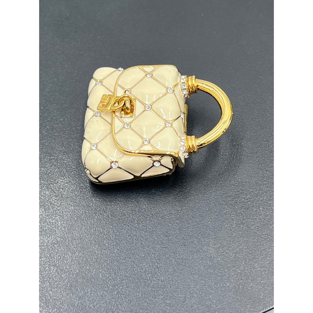 St. John Vintage Handbag Cream Enamel Crystal Rhinestones
Gold Bag Opens Brooch - Picture 10 of 12